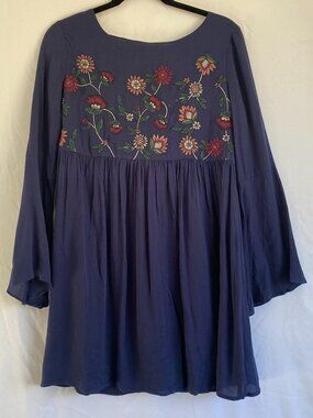 BB Dakota Bria Dress Embroidered Yoke Lace-Up Mini Dress Bell Sleeves Navy S